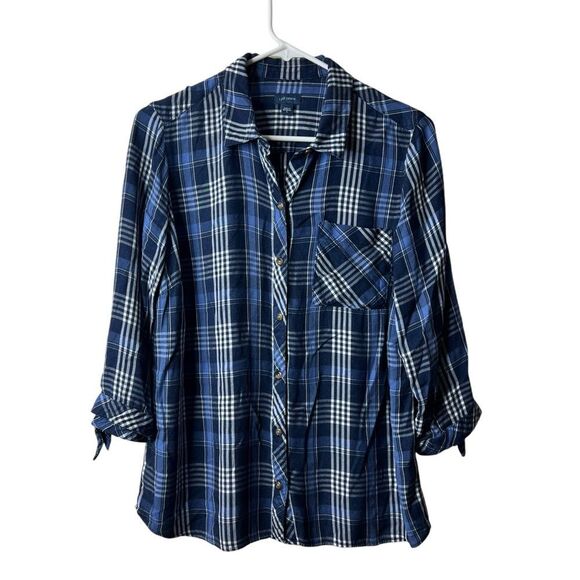 J Jill Denim Blue Plaid Flannel Tie Sleeve Button Blouse - Picture 1 of 7